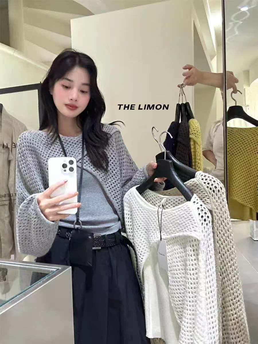 부드러운 바람 홀로우 아웃 스웨터 숄 블라우스 맨위 여성 가을 착용 가져 가라. 디자인 센스 작은 대중 어깨 슬립 투피스 세트 상세 이미지 4