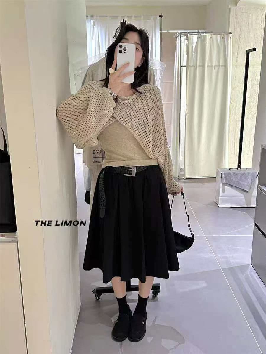 부드러운 바람 홀로우 아웃 스웨터 숄 블라우스 맨위 여성 가을 착용 가져 가라. 디자인 센스 작은 대중 어깨 슬립 투피스 세트 상세 이미지 8