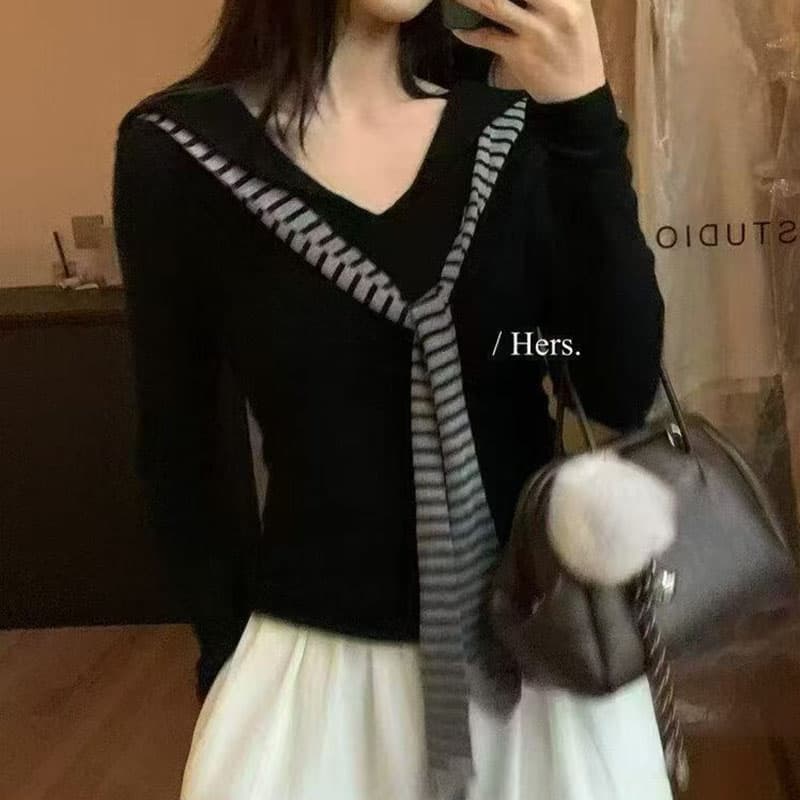 오트밀 색상 해군 칼라 페이크 레이어드 니트 스웨터 여성 봄 가을 디자인 센스 몸매 가꾸기 기본 셔츠 스트라이프 숄 맨위 이미지 4