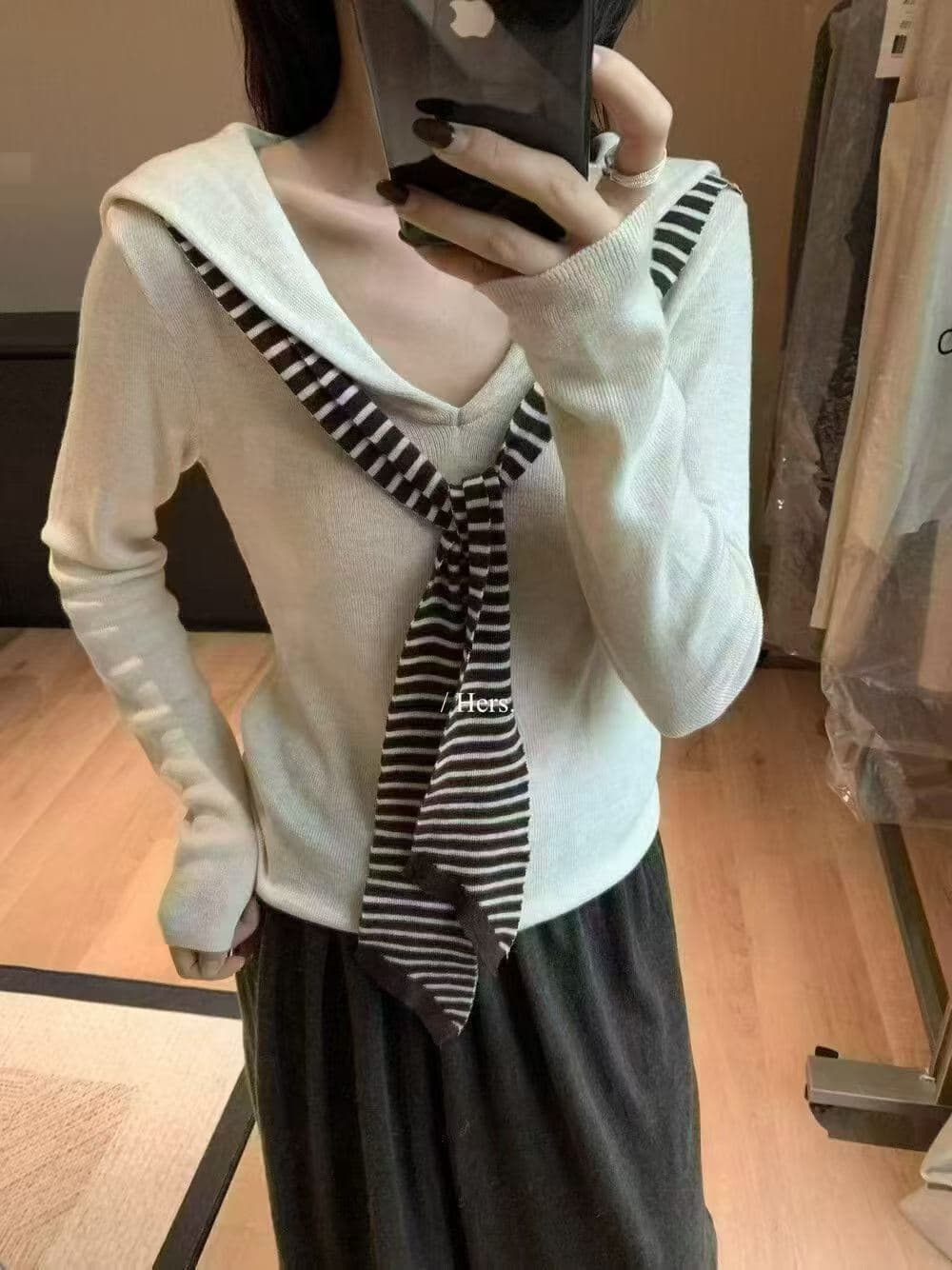 오트밀 색상 해군 칼라 페이크 레이어드 니트 스웨터 여성 봄 가을 디자인 센스 몸매 가꾸기 기본 셔츠 스트라이프 숄 맨위 상세 이미지 6
