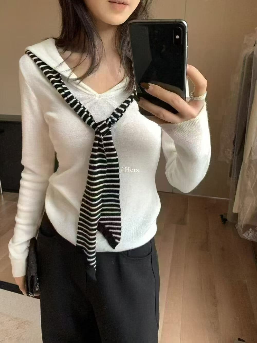 오트밀 색상 해군 칼라 페이크 레이어드 니트 스웨터 여성 봄 가을 디자인 센스 몸매 가꾸기 기본 셔츠 스트라이프 숄 맨위 상세 이미지 7