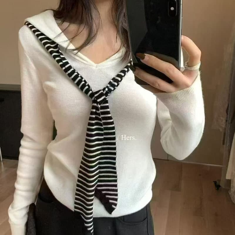 오트밀 색상 해군 칼라 페이크 레이어드 니트 스웨터 여성 봄 가을 디자인 센스 몸매 가꾸기 기본 셔츠 스트라이프 숄 맨위 상세 이미지 10