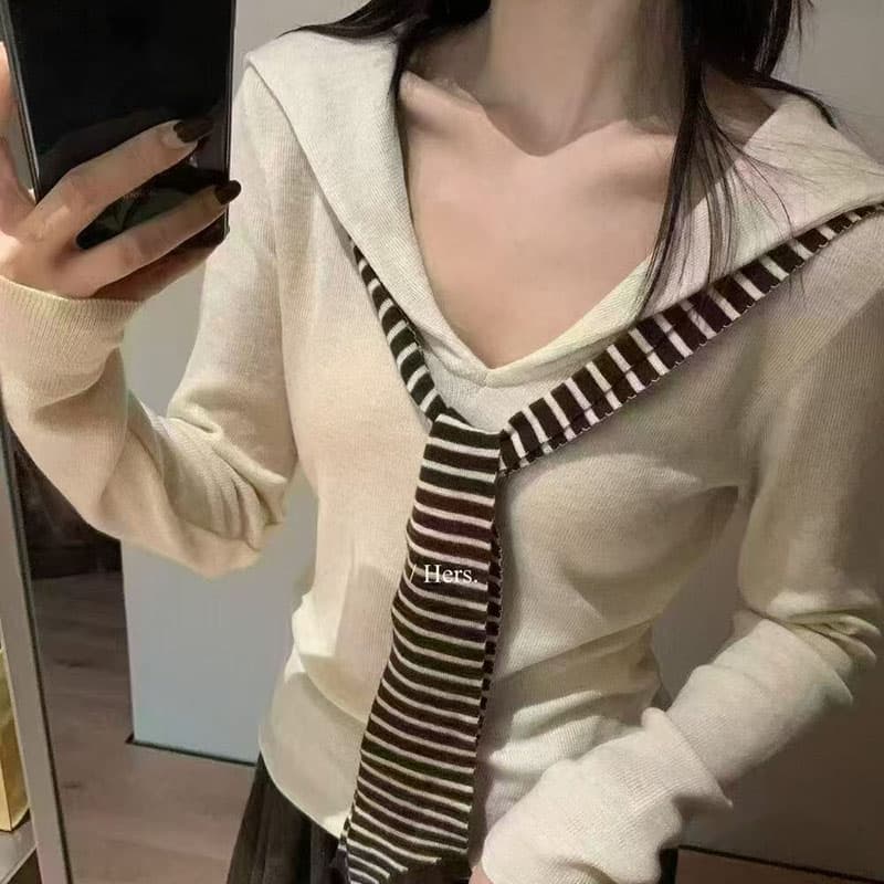 오트밀 색상 해군 칼라 페이크 레이어드 니트 스웨터 여성 봄 가을 디자인 센스 몸매 가꾸기 기본 셔츠 스트라이프 숄 맨위 상세 이미지 11