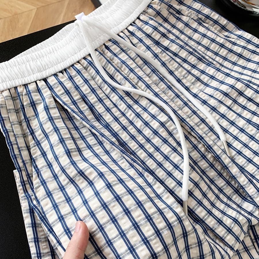 아메리칸 파란색 체크무늬 바지 여성 여름 얇은 스타일 청 순수한 시스템 느슨함 센스 바지 얼음 실크 루즈핏 느긋한 바람 와이드 레그 팬츠 이미지 6