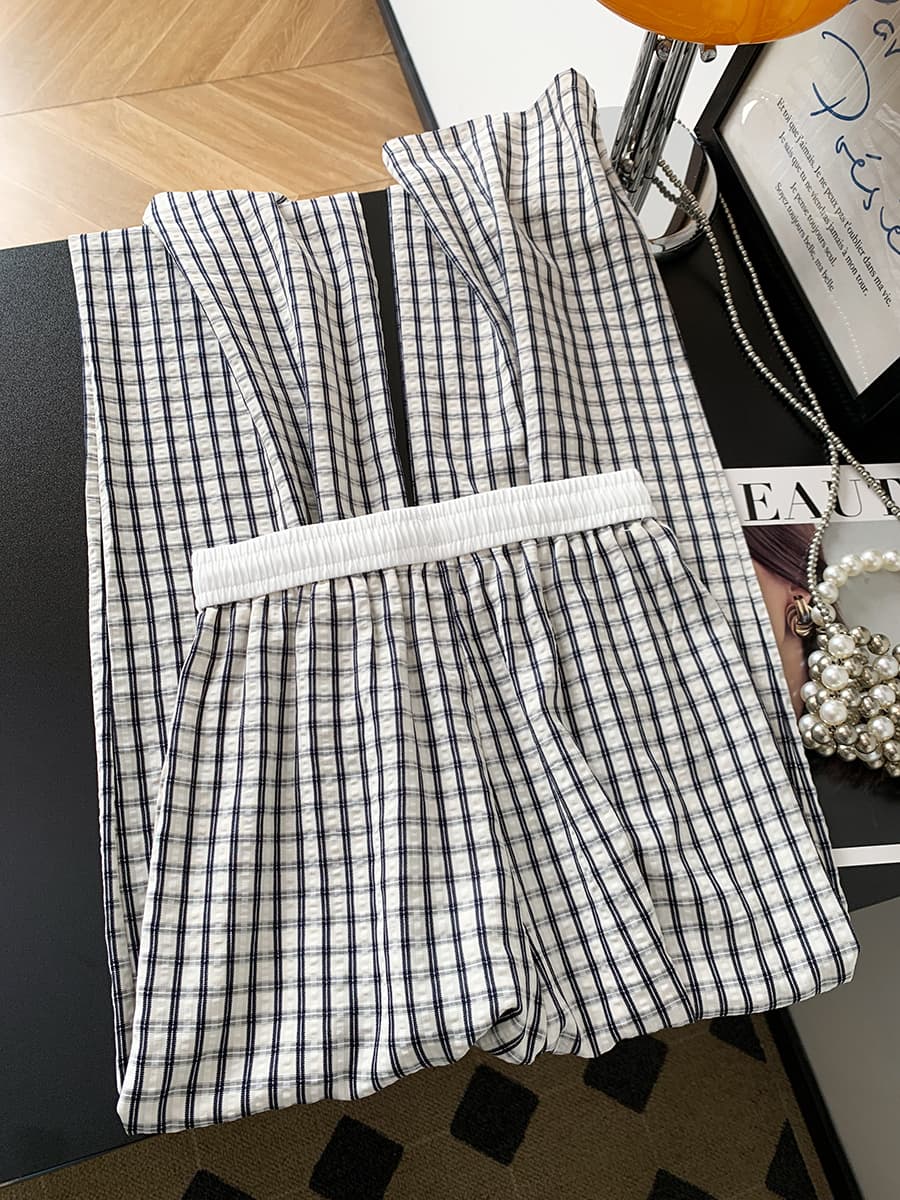 아메리칸 파란색 체크무늬 바지 여성 여름 얇은 스타일 청 순수한 시스템 느슨함 센스 바지 얼음 실크 루즈핏 느긋한 바람 와이드 레그 팬츠 상세 이미지 18