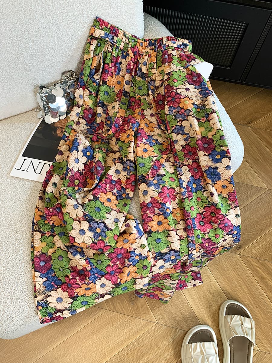 얼음 실크 프린트 와이드 레깅스 바지 여름 얇은 스타일 꽃 바지 2026 새로운 패션 하이웨이스트 잉크 페인팅 캐주얼 스트레이트 팬츠 이미지 4