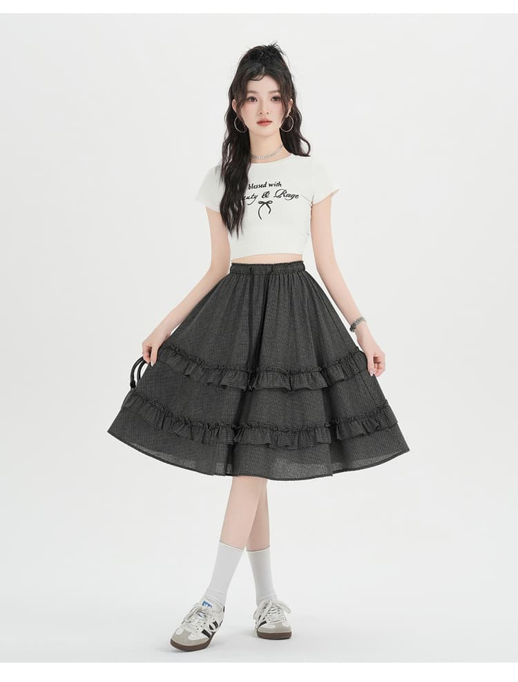 실사 체크무늬 프릴 반신 스커트 케이크 드레스 여성 의류 2026 봄 여름 도루 센스 허리밴드 A라인 스커트 중간 길이 스커트 상세 이미지 22