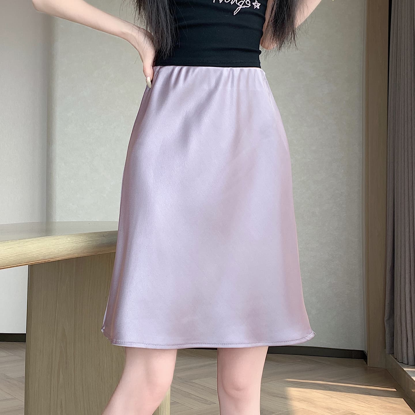 실사 여름 하이웨이스트 슬림해 보이는 미니 스커트 새틴 광택 실크 미끄러짐 반신 스커트 타이트 스커트 A라인 스커트 도루 가을 센스 반신 스커트 이미지 5