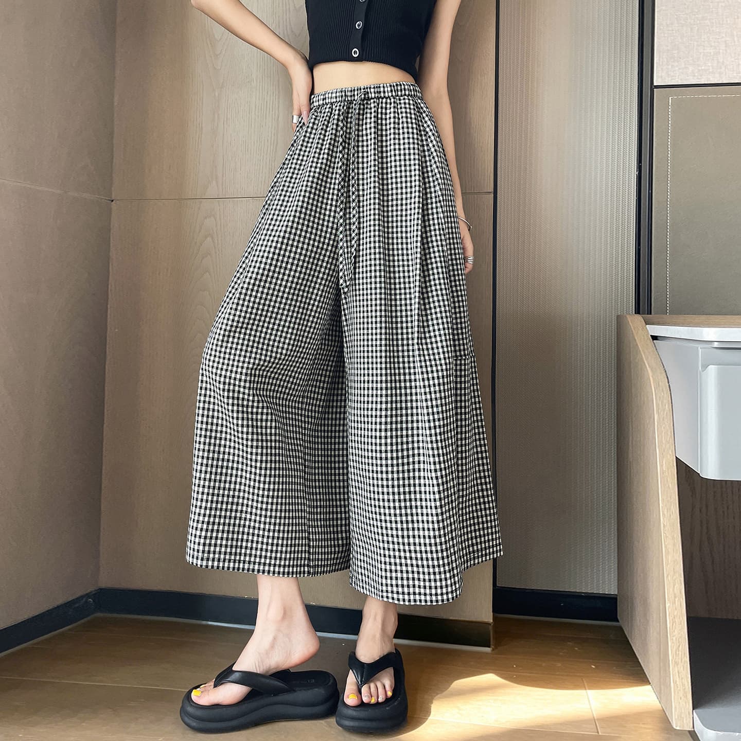 실사 펌프 로프 허리밴드 캐주얼 풍선 바지 여성 2026 여름 새로운 슬림해 보이는 작은 키 스트레이트 여덟 9부 바지 이미지 4