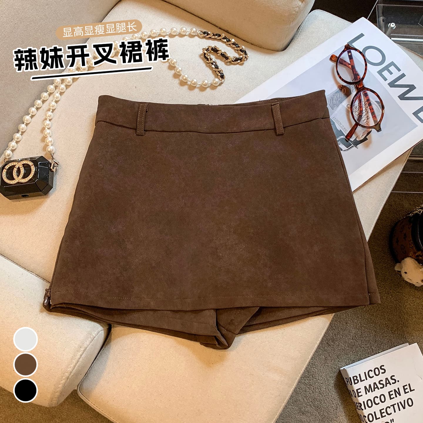 실사 가을 새로운 한국 스타일 chic 레트로 하이웨이스트 다용도 측면 트임 반신 스커트 몸매 가꾸기 커피 색상 가죽 미니 스커트 여성 이미지 4