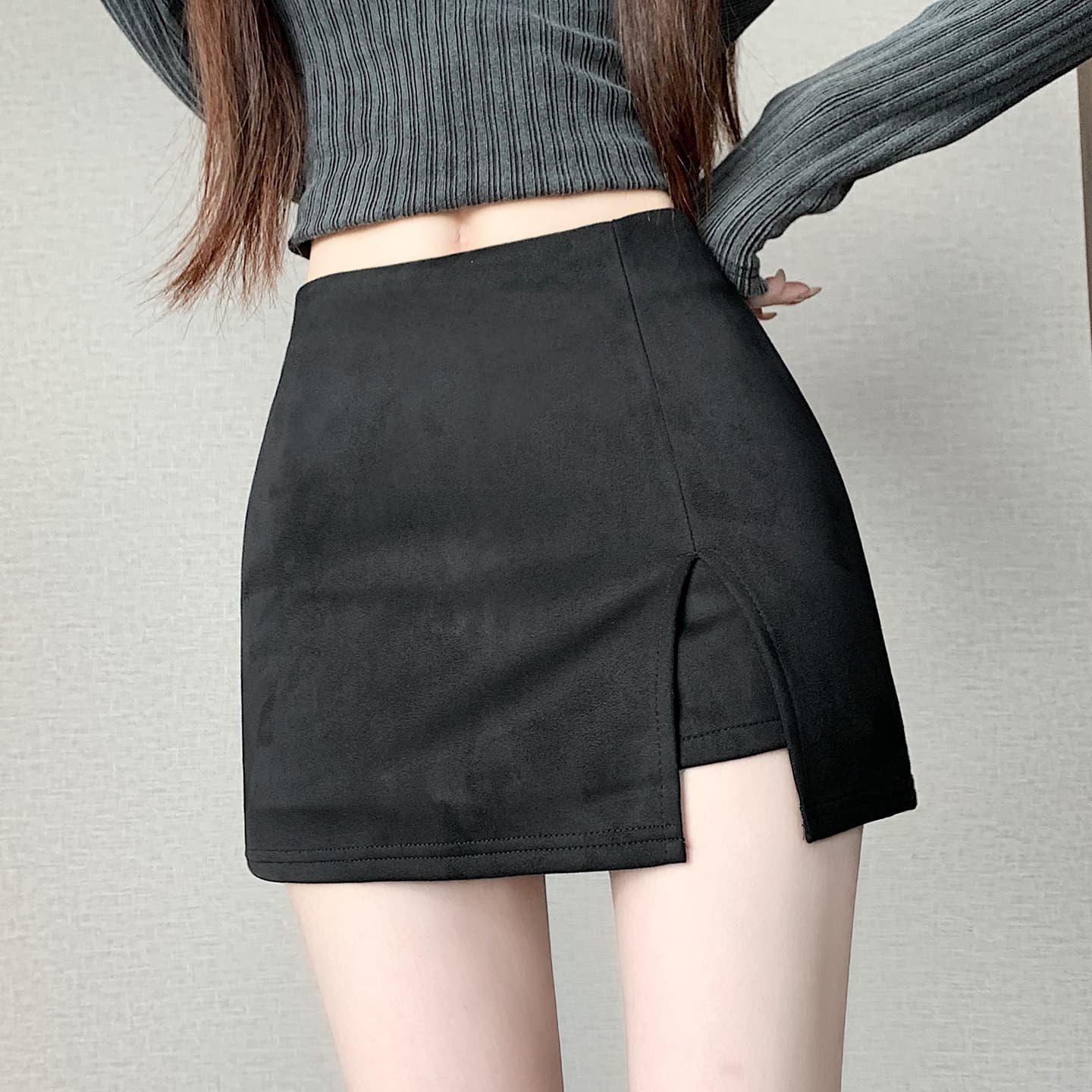 실사 사슴 캐시미어 커피 색상 반신 스커트 여성 가을 겨울 하이웨이스트 슬림해 보이는 노출 방지 한 마디 핫걸 타이트 스커트 짧은 치마바지 이미지 5