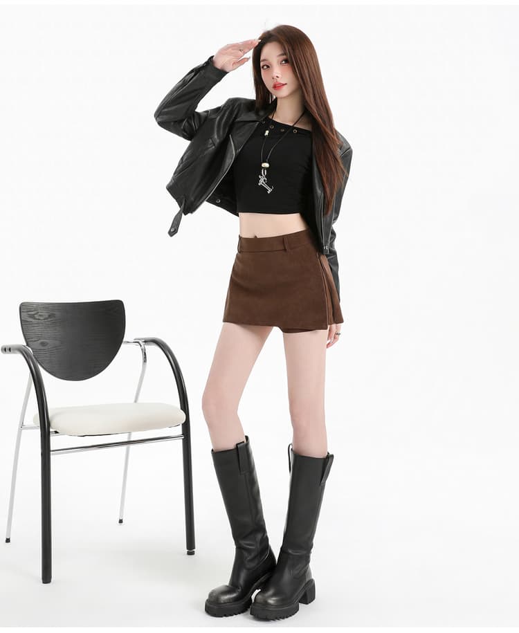 실사 가을 새로운 한국 스타일 chic 레트로 하이웨이스트 다용도 측면 트임 반신 스커트 몸매 가꾸기 커피 색상 가죽 미니 스커트 여성 상세 이미지 24