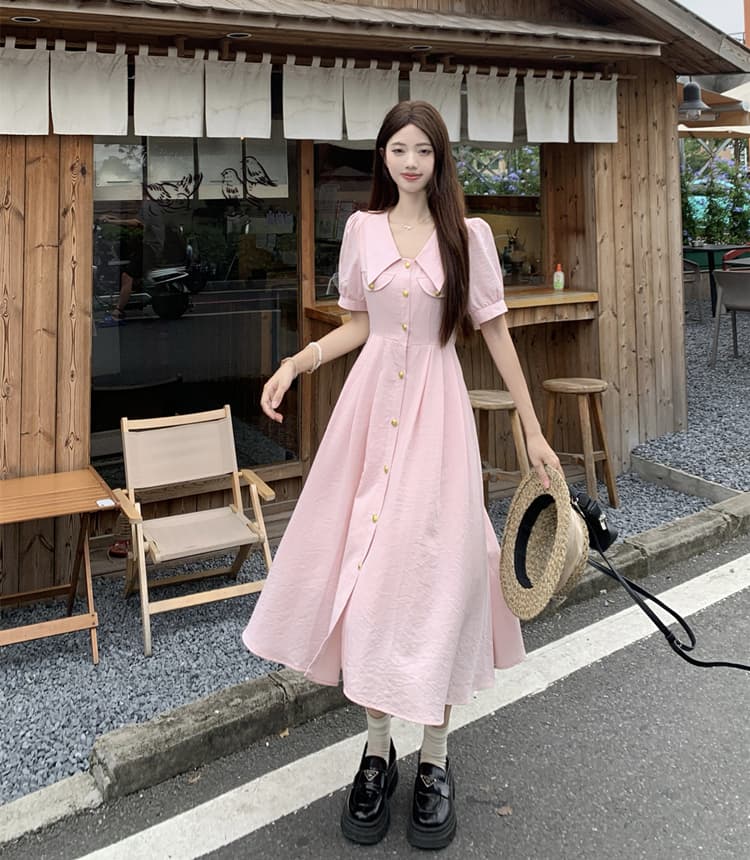 지방 mm 프랑스식 싱글 줄 버튼 중간 길이 허리 수축 슬림해 보이는 출퇴근 품격 셔츠 스타일 여성 드레스 여름 상세 이미지 10