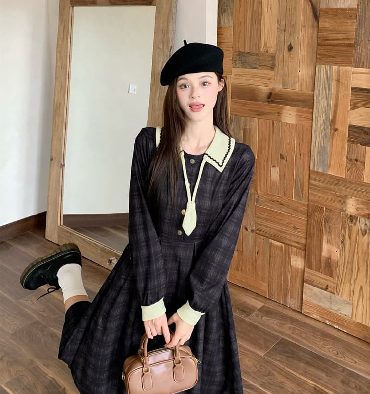 빅 사이즈 프랑스식 레트로 체크무늬 학원 스타일 표지 고기 슬림해 보이는 드레스 가을과 겨울 여성 연령 감소 작은 키 롱 스커트 상세 이미지 2