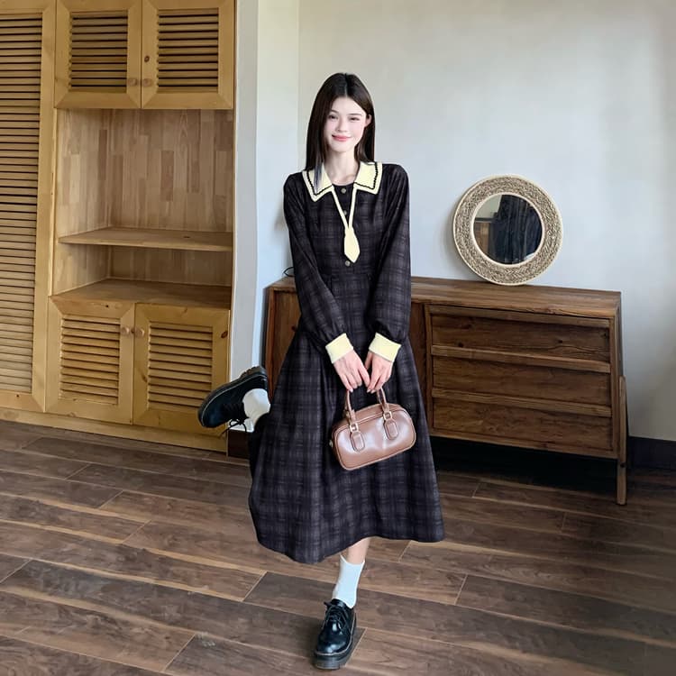빅 사이즈 프랑스식 레트로 체크무늬 학원 스타일 표지 고기 슬림해 보이는 드레스 가을과 겨울 여성 연령 감소 작은 키 롱 스커트 상세 이미지 14