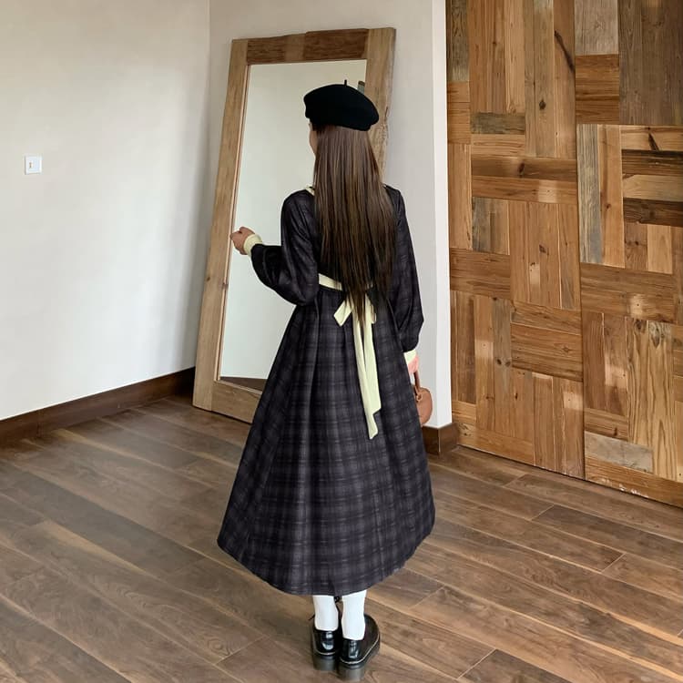 빅 사이즈 프랑스식 레트로 체크무늬 학원 스타일 표지 고기 슬림해 보이는 드레스 가을과 겨울 여성 연령 감소 작은 키 롱 스커트 상세 이미지 16