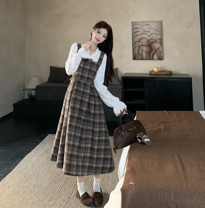 프랑스식 레트로 체크무늬 여성 드레스 가을 겨울 새로운 기본 스커트 허리 수축 표지 고기 드레스 가을과 겨울 롱 스커트 이미지 3