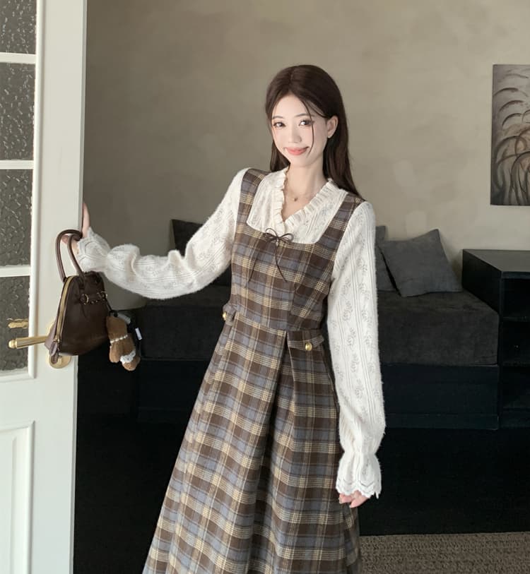 프랑스식 레트로 체크무늬 여성 드레스 가을 겨울 새로운 기본 스커트 허리 수축 표지 고기 드레스 가을과 겨울 롱 스커트 상세 이미지 11