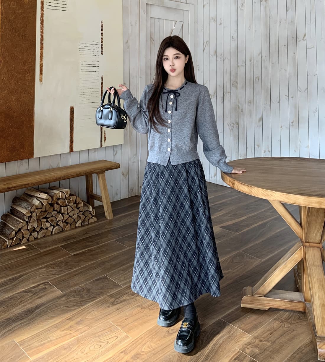 빅 사이즈 여성 가을 의상 코디 전체 집합 한 부서 학원 스타일 니트 스웨터 스웨터 체크무늬 반신 스커트 투피스 세트 치마
