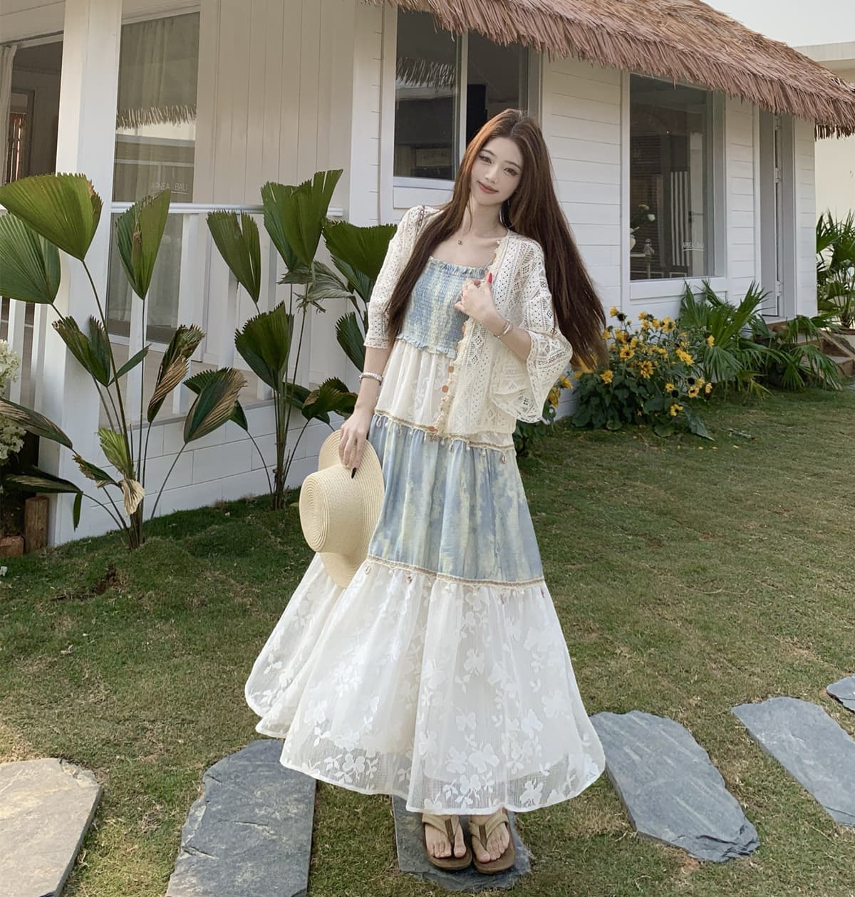 2026 지방 mm 휴가 바람 여행 슬립 여성 드레스 여름 헤일로 염색 패치워크 레이스 오픈 가디건 투피스 세트