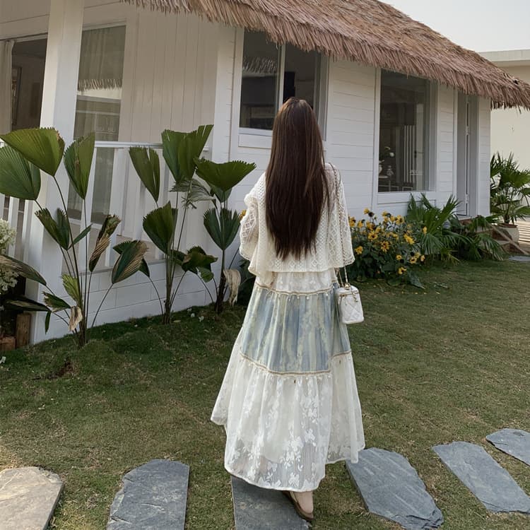 2026 지방 mm 휴가 바람 여행 슬립 여성 드레스 여름 헤일로 염색 패치워크 레이스 오픈 가디건 투피스 세트 상세 이미지 17