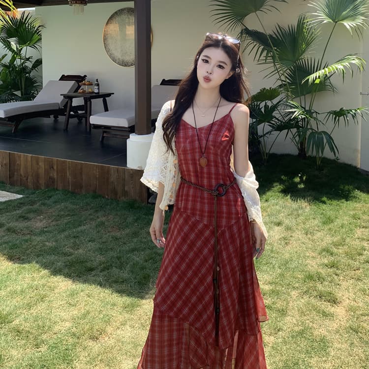 여름 새로운 불규칙 빨간색 체크무늬 슬립 오픈 가디건 투피스 드레스 프랑스식 휴가 바람 슬림해 보이는 롱 스커트 상세 이미지 6