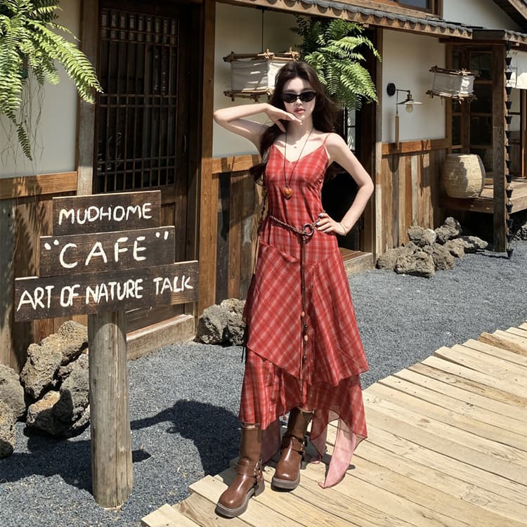 여름 새로운 불규칙 빨간색 체크무늬 슬립 오픈 가디건 투피스 드레스 프랑스식 휴가 바람 슬림해 보이는 롱 스커트 상세 이미지 8