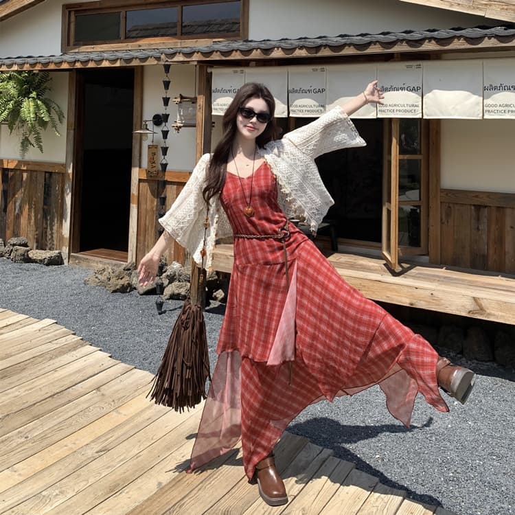 여름 새로운 불규칙 빨간색 체크무늬 슬립 오픈 가디건 투피스 드레스 프랑스식 휴가 바람 슬림해 보이는 롱 스커트 상세 이미지 13