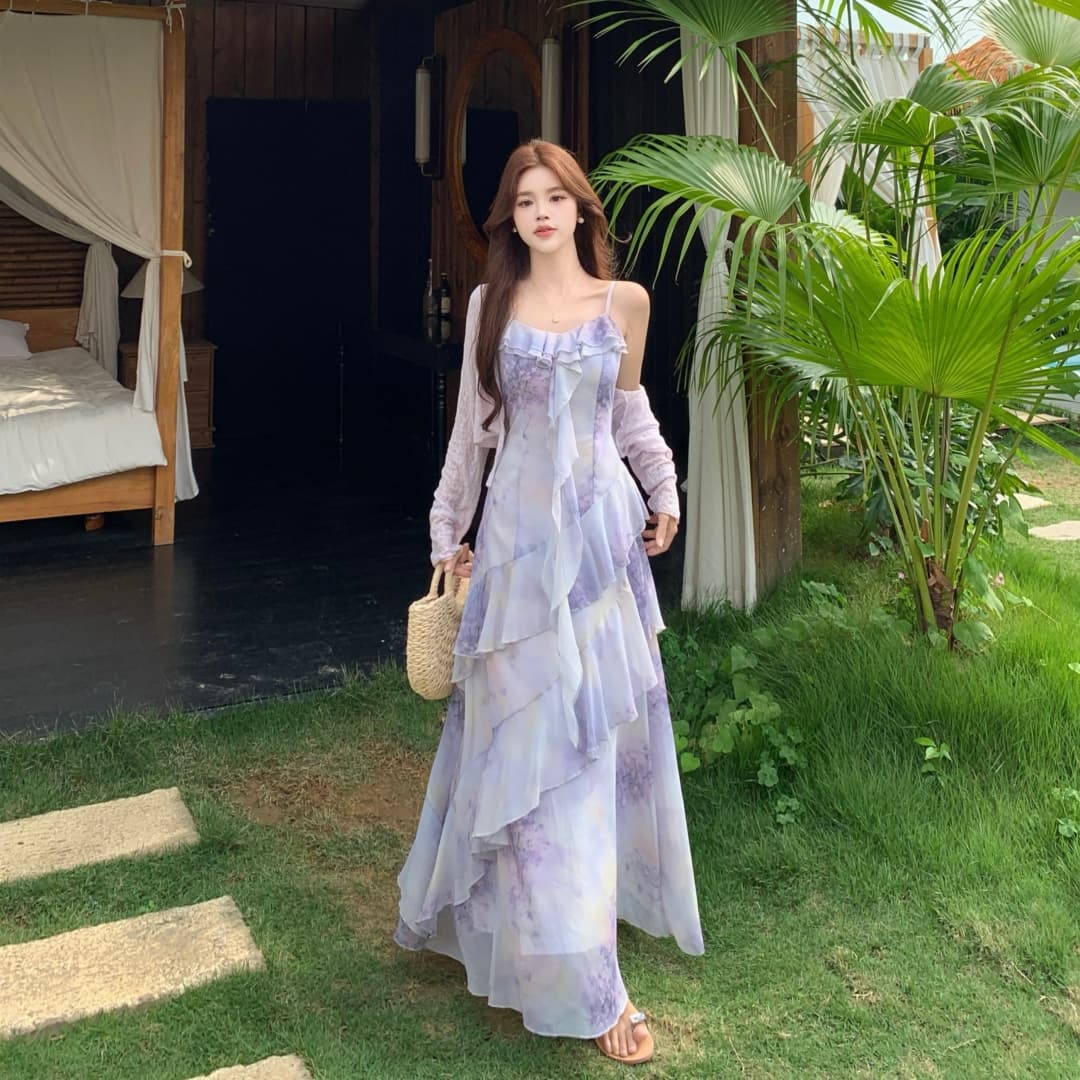 빅 사이즈 품격 전체 집합 ootd 착용 가져 가라. 여름 고급 센스 연령 감소 꽃무늬 슬립 점프 슈트 치마 투피스 슈트 이미지 2
