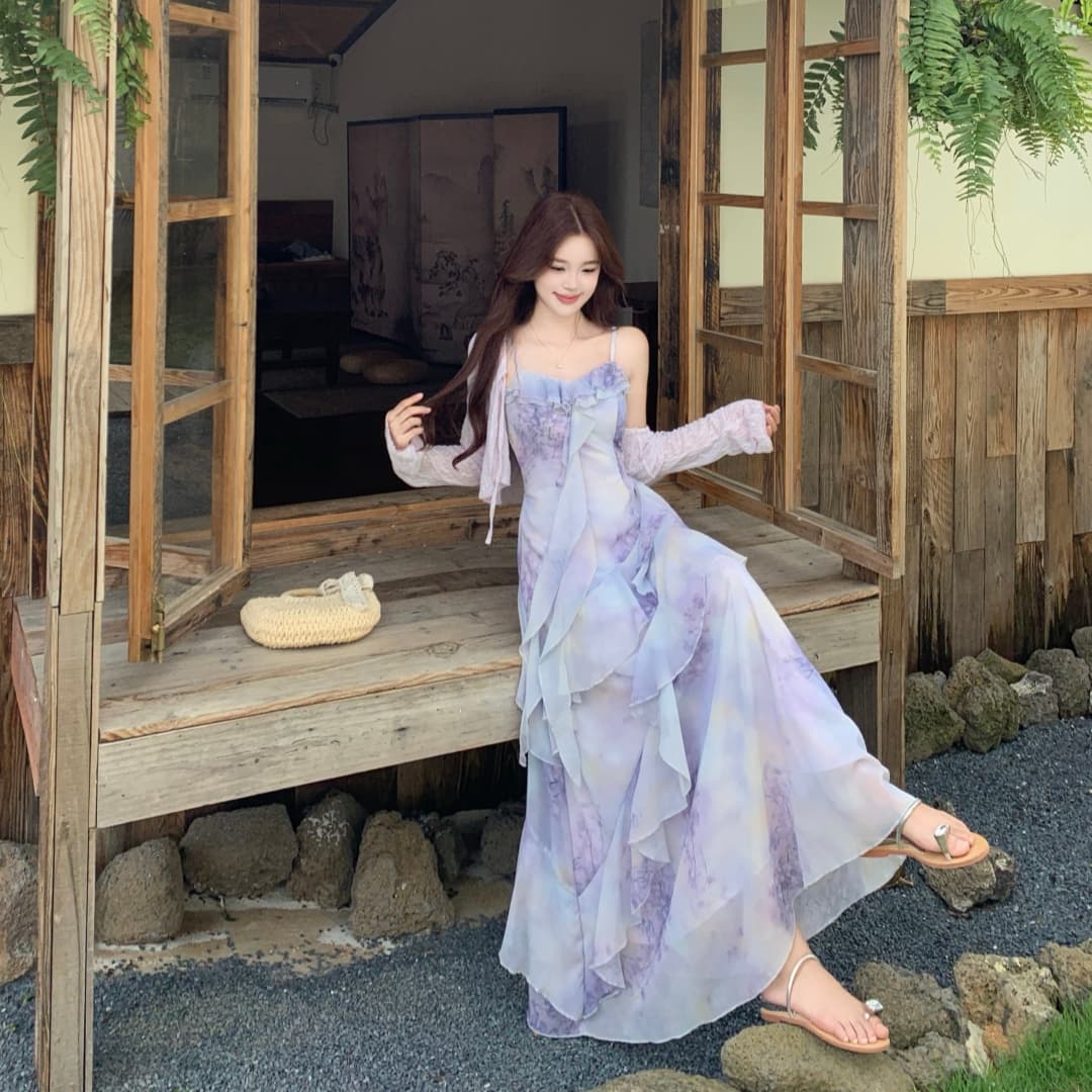 빅 사이즈 품격 전체 집합 ootd 착용 가져 가라. 여름 고급 센스 연령 감소 꽃무늬 슬립 점프 슈트 치마 투피스 슈트 이미지 3
