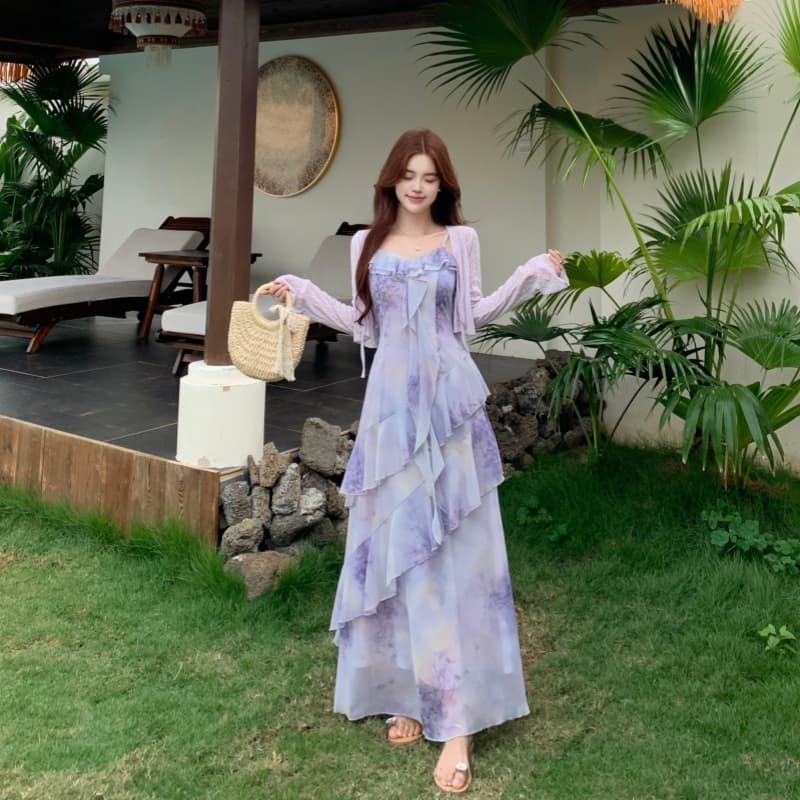 빅 사이즈 품격 전체 집합 ootd 착용 가져 가라. 여름 고급 센스 연령 감소 꽃무늬 슬립 점프 슈트 치마 투피스 슈트 이미지 5