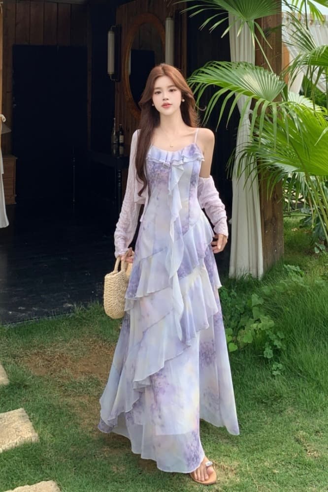 빅 사이즈 품격 전체 집합 ootd 착용 가져 가라. 여름 고급 센스 연령 감소 꽃무늬 슬립 점프 슈트 치마 투피스 슈트 이미지 6