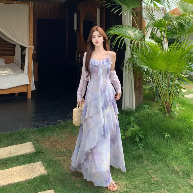 빅 사이즈 품격 전체 집합 ootd 착용 가져 가라. 여름 고급 센스 연령 감소 꽃무늬 슬립 점프 슈트 치마 투피스 슈트 상세 이미지 3