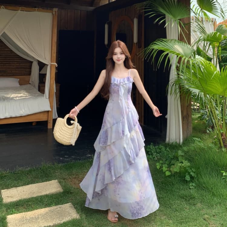 빅 사이즈 품격 전체 집합 ootd 착용 가져 가라. 여름 고급 센스 연령 감소 꽃무늬 슬립 점프 슈트 치마 투피스 슈트 상세 이미지 6
