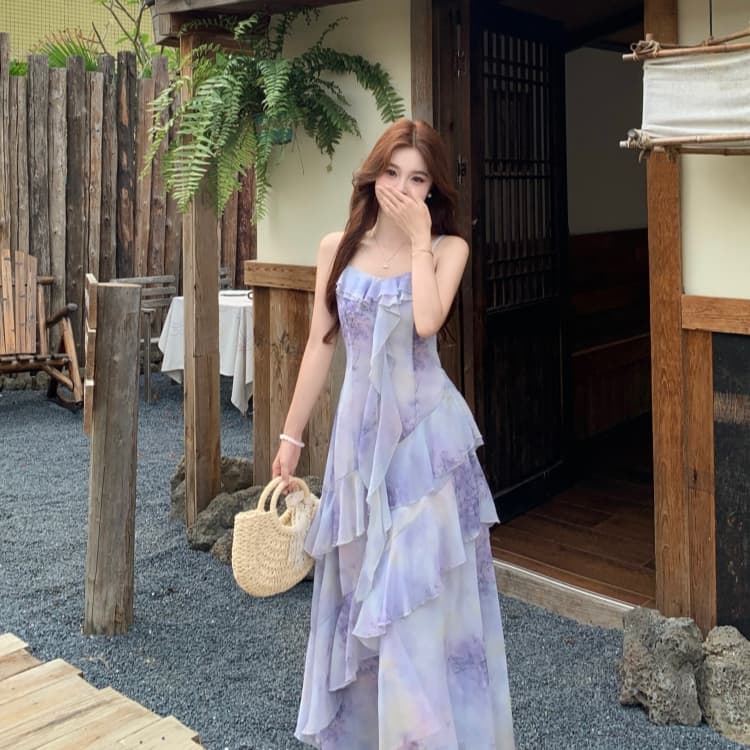 빅 사이즈 품격 전체 집합 ootd 착용 가져 가라. 여름 고급 센스 연령 감소 꽃무늬 슬립 점프 슈트 치마 투피스 슈트 상세 이미지 7