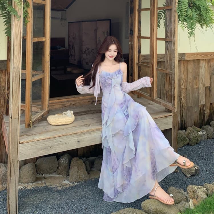 빅 사이즈 품격 전체 집합 ootd 착용 가져 가라. 여름 고급 센스 연령 감소 꽃무늬 슬립 점프 슈트 치마 투피스 슈트 상세 이미지 11