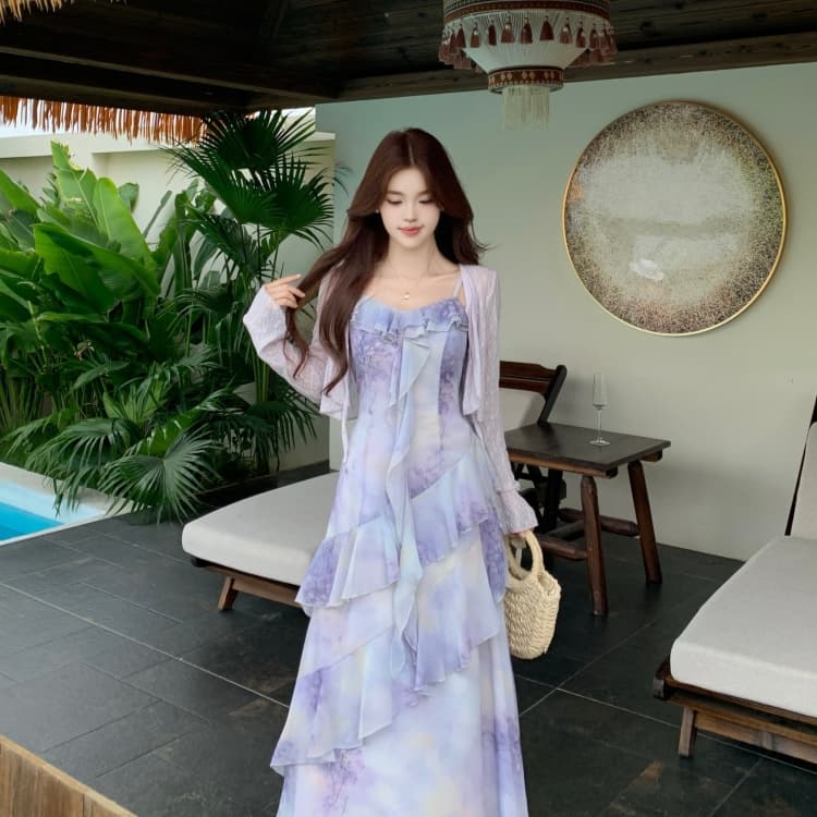 빅 사이즈 품격 전체 집합 ootd 착용 가져 가라. 여름 고급 센스 연령 감소 꽃무늬 슬립 점프 슈트 치마 투피스 슈트 상세 이미지 12