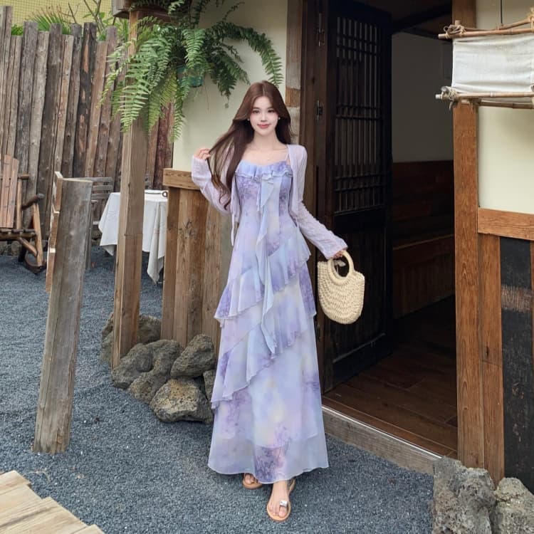 빅 사이즈 품격 전체 집합 ootd 착용 가져 가라. 여름 고급 센스 연령 감소 꽃무늬 슬립 점프 슈트 치마 투피스 슈트 상세 이미지 13