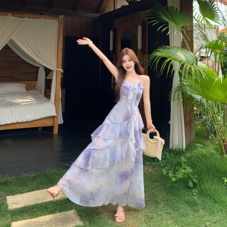 빅 사이즈 품격 전체 집합 ootd 착용 가져 가라. 여름 고급 센스 연령 감소 꽃무늬 슬립 점프 슈트 치마 투피스 슈트 상세 이미지 14