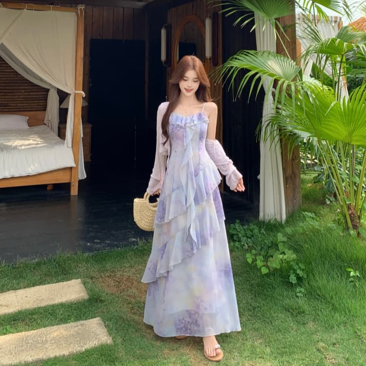 빅 사이즈 품격 전체 집합 ootd 착용 가져 가라. 여름 고급 센스 연령 감소 꽃무늬 슬립 점프 슈트 치마 투피스 슈트 상세 이미지 16