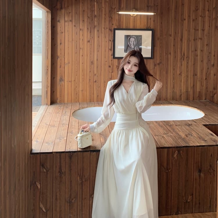 빅 사이즈 여성 의류 마이크로 지방 자매 검정색 V넥 드레스 가을 지방 mm 행침 목 허리 수축 디스플레이 롱 스커트 상세 이미지 11