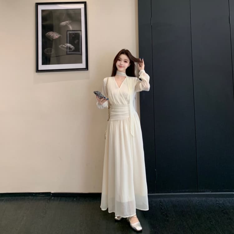 빅 사이즈 여성 의류 마이크로 지방 자매 검정색 V넥 드레스 가을 지방 mm 행침 목 허리 수축 디스플레이 롱 스커트 상세 이미지 12