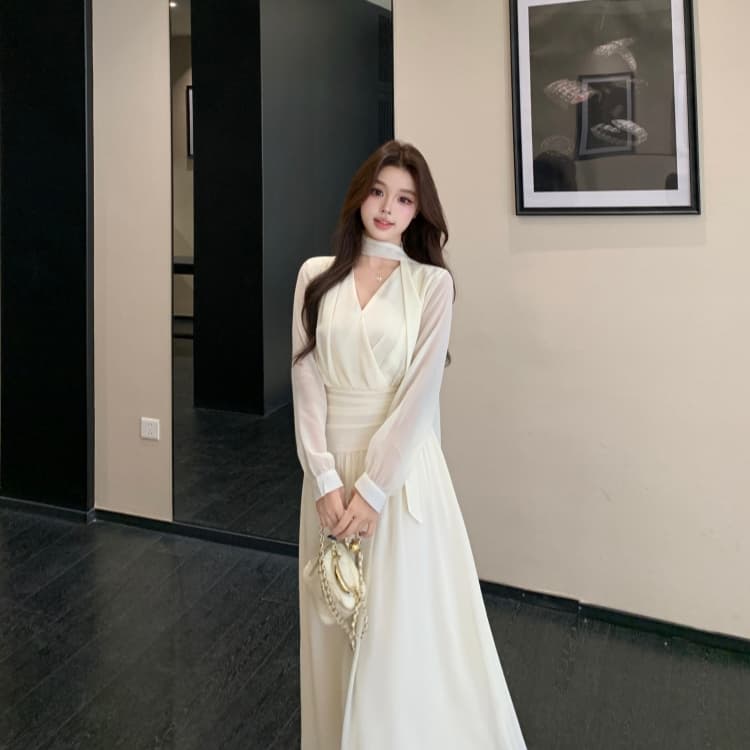 빅 사이즈 여성 의류 마이크로 지방 자매 검정색 V넥 드레스 가을 지방 mm 행침 목 허리 수축 디스플레이 롱 스커트 상세 이미지 18