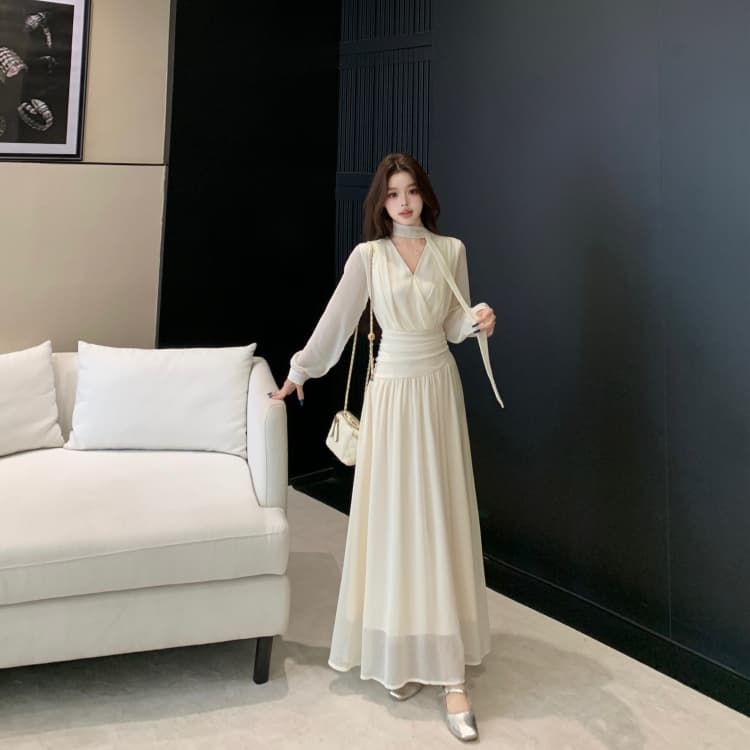 빅 사이즈 여성 의류 마이크로 지방 자매 검정색 V넥 드레스 가을 지방 mm 행침 목 허리 수축 디스플레이 롱 스커트 상세 이미지 19