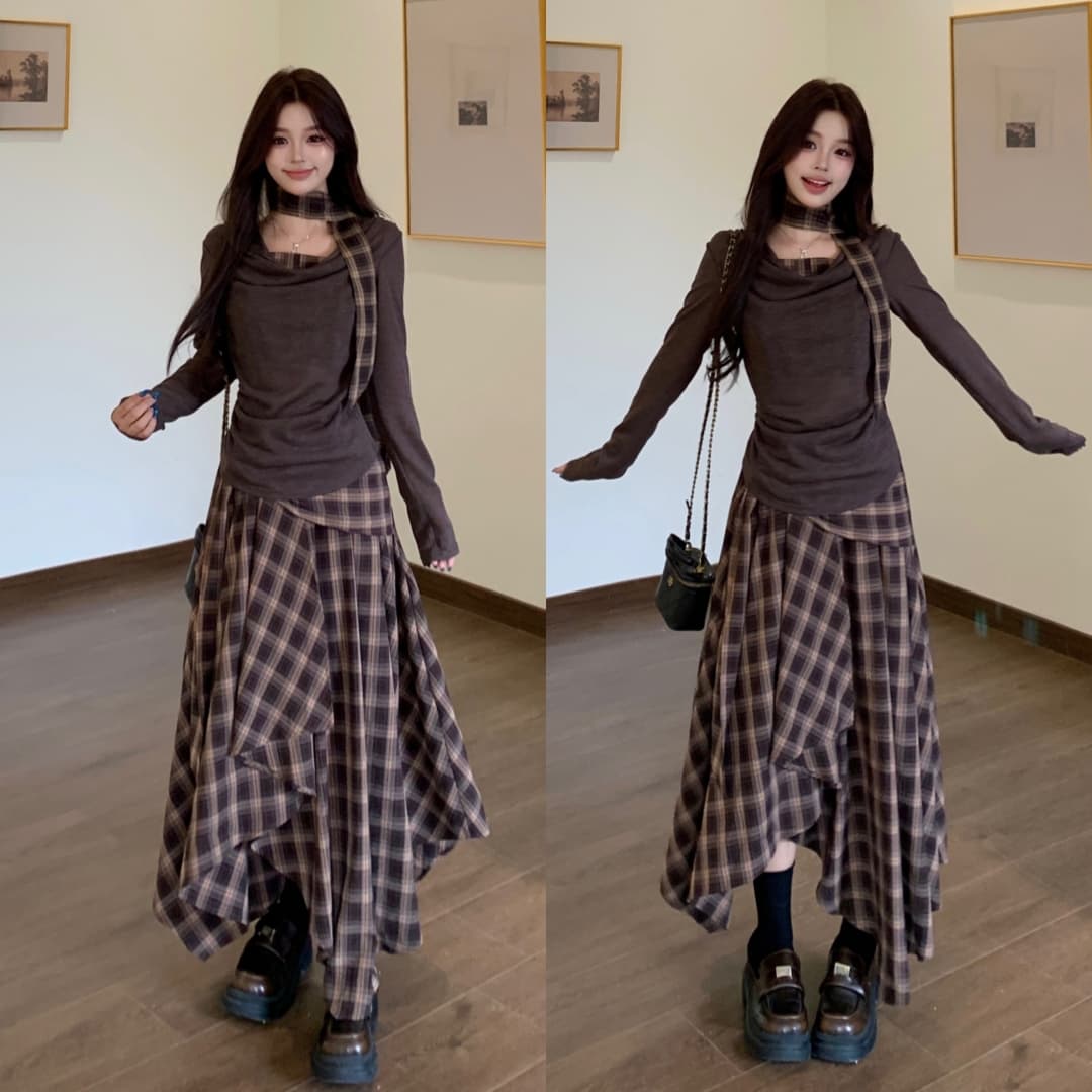 지방 mm 아름다움 라드. 커피 색상 흔들다 칼라 배색 긴팔 티셔츠 여성 봄 레트로 체크무늬 반신 롱 스커트 투피스 세트