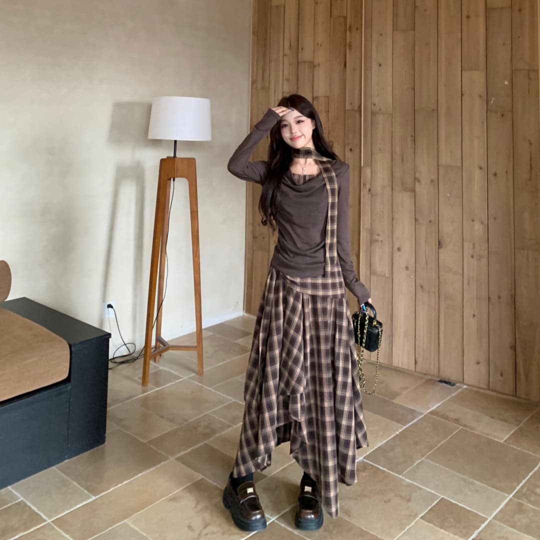 지방 mm 아름다움 라드. 커피 색상 흔들다 칼라 배색 긴팔 티셔츠 여성 봄 레트로 체크무늬 반신 롱 스커트 투피스 세트 이미지 2