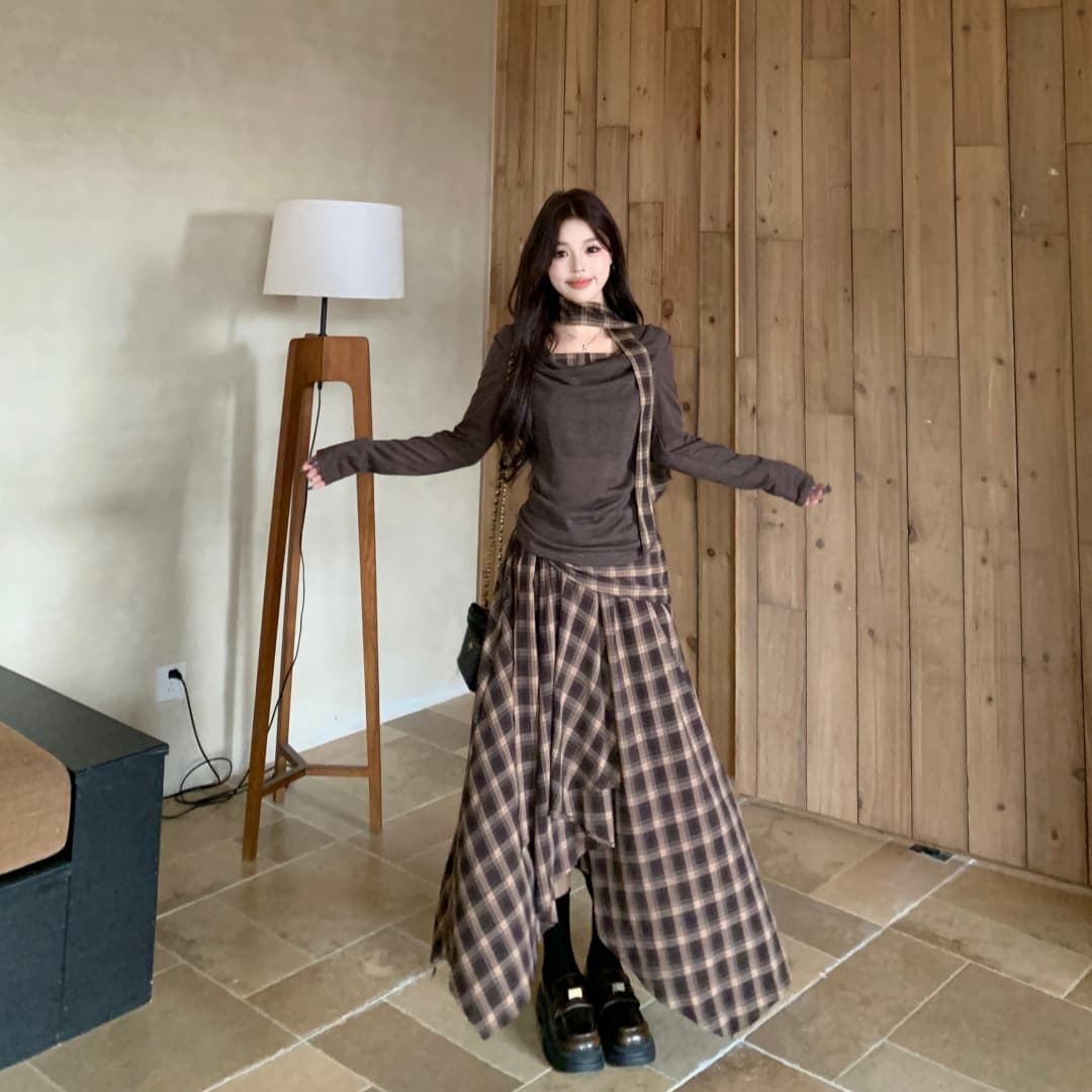 지방 mm 아름다움 라드. 커피 색상 흔들다 칼라 배색 긴팔 티셔츠 여성 봄 레트로 체크무늬 반신 롱 스커트 투피스 세트 이미지 3