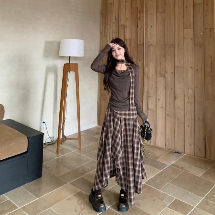 지방 mm 아름다움 라드. 커피 색상 흔들다 칼라 배색 긴팔 티셔츠 여성 봄 레트로 체크무늬 반신 롱 스커트 투피스 세트 상세 이미지 2