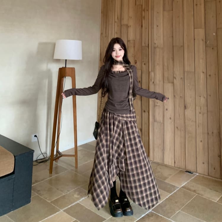 지방 mm 아름다움 라드. 커피 색상 흔들다 칼라 배색 긴팔 티셔츠 여성 봄 레트로 체크무늬 반신 롱 스커트 투피스 세트 상세 이미지 7