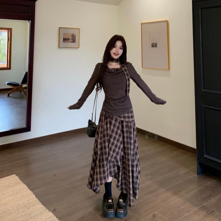 지방 mm 아름다움 라드. 커피 색상 흔들다 칼라 배색 긴팔 티셔츠 여성 봄 레트로 체크무늬 반신 롱 스커트 투피스 세트 상세 이미지 10